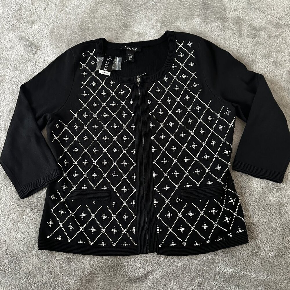NWT White House Black Market Black Beaded Sweater Cardigan LARGE Embellished